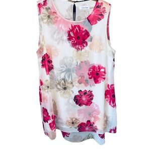 Calvin‎ Klein Dress Large Floral Sheer Lined Midi Flowy Wedding Guest Summer EUC